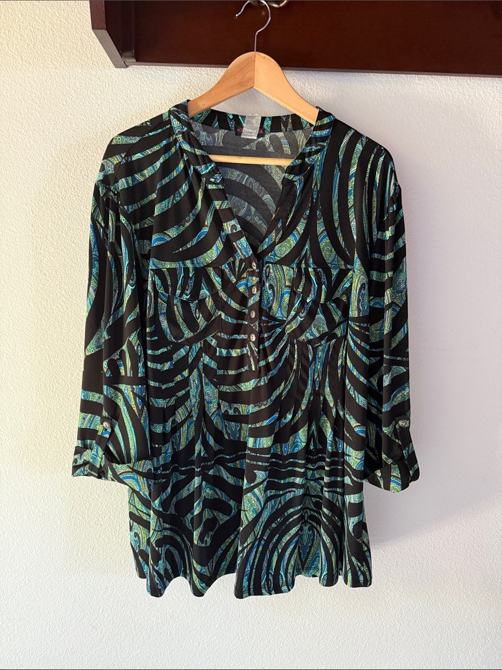 Cocomo Women's Black Paisley-Print Button Front Tunic, 3/4th Tab Sleeve